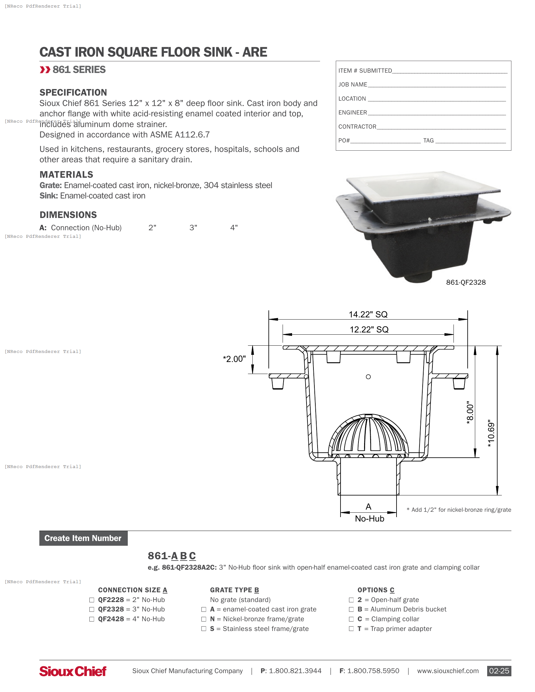 861-QF SERIES - 12X12X8 FLOOR SINK - SPEC SHEET.PDF Specification Document